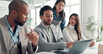 Laptop, teamwork and research with business people in office for digital project, trading report and advice. Investment review, collaboration and online with employees in agency for feedback