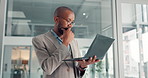 Thinking, typing and business black man on laptop for financial decision, investment deal and solution. Corporate, computer and person with ideas for finance report, budget planning and proposal