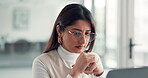 Thinking, glasses and laptop with business woman for reflection, insurance fraud case or report. Investigation results, claims manager and vision with person in agency for lability review and online