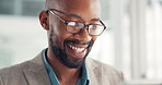 Black man, tablet and smile in office with scroll, good news or stock market research at investment company. African person, broker and glasses for tech, application or notification at finance agency