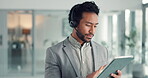 Man, agent and tablet with headset for online sale, telemarketing or business in office. Male person, consultant or salesperson with technology, mic and affiliate marketing advice in workplace