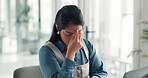Business woman, laptop and headache of stress for accounting crisis, profit loss or overwhelmed. Accountant, person and tech with tension migraine in office for financial mistake, bankruptcy or worry
