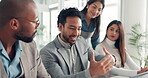 Business man, excited and discussion with laptop for promotion, announcement or presentation at office. Group of employees, teamwork and opportunity for partnership, support or meeting feedback