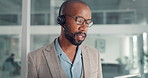 Black man, agent and tablet with headset for online sale, telemarketing or business in office. African person, consultant or salesperson with tech, mic and affiliate marketing advice in workplace