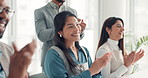 Smile, business people and meeting with applause for presentation, good job or well done in office. Group, employees or team clapping for seminar, congratulations or thank you with workshop audience