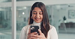 Phone, networking and businesswoman in office for typing email with communication on mobile app. Technology, contact and female corporate employee with cellphone for social media in workplace.