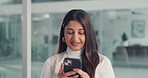 Cellphone, networking and businesswoman in office for typing email with communication on mobile app. Technology, contact and female corporate employee with phone for social media in workplace.