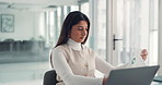Laptop, paperwork and business woman in office for accounting analysis, graphs or budget. Computer, reading document and serious bookkeeper in workplace for financial review, audit and data entry
