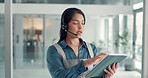 Woman, agent and tablet with headset for online sale, telemarketing or business in office. Female person, consultant or salesperson with technology, mic and affiliate marketing advice in workplace