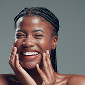Laugh, smile and skincare with face of black woman in studio for self ...