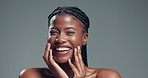Laugh, smile and skincare with face of black woman in studio for self care, beauty and shine. Dermatology, mockup space and hydration glow with person on background for clear skin and collagen