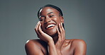 Dermatology, smile and face of black woman on gray background for wellness, health and glow in studio. Skincare, African model and portrait of girl for cosmetics, aesthetic and mockup space pride