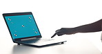 Blue screen, laptop and hands of person in studio for research, communication or contact online. Technology, email and computer with mockup space for typing with browsing by white background.