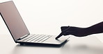 Website, laptop and hands of person in studio for research, communication or contact online. Technology, email and computer with mockup space with browsing or networking by white background.