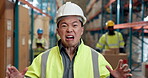 Face, angry and scream with man in warehouse of bad news, distribution mistake and logistics error. Portrait, frustrated person and chaos of shipping delay, supply chain pressure and inventory crisis