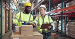 Logistics, discussion and men in storage warehouse, collaboration or instructions to complete task. Communication, teamwork and workers in factory for inspection, export check or inventory management