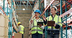 Quality control, collaboration and people in warehouse with tablet, coordination and distribution. Logistics, manager and checklist in storage facility with walk, export or shipping in supply chain