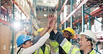 Logistics, high five or people in storage warehouse, teamwork or complete task for celebration. Success, collaboration or happy workers in factory for inspection, export check or inventory management