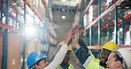 Logistics, high five and team in storage warehouse, collaboration and complete task for celebration. Success, workers and happy people in factory for inspection, export check and inventory management
