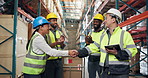 Happy people, logistics and handshake with team applause in warehouse for supply chain success. Excited, group or employees shaking hands with deal for storage distribution, partnership or agreement
