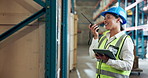 Radio, stock and tablet with woman in warehouse for distribution, logistics or supply chain. Communication, inventory and management with person in factory for checklist, delivery or planning