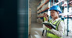Mistake, radio and tablet with woman in warehouse for logistics or supply chain solution. Communication, distribution and management with person in factory for checklist, delivery or stock fail