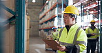 Shipping, writing and warehouse worker with stock checklist, inventory or freight manifest. Clipboard, man and logistics engineer at shelf for storage inspection, supply chain industry or cargo count