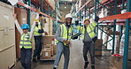 Happy people, warehouse and dancing with documents in air for logistics or distribution success. Excited group, employees or inventory with energy for supply chain competition, done or finished