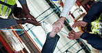 Business people, logistics and handshake with team below for distribution or supply chain deal. Low angle, group or employees shaking hands with applause for b2b or storage agreement in warehouse