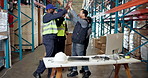 Collaboration, people and high five in warehouse with applause, logistics and distribution. Quality control, manager and teamwork in storage facility for delivery, export or shipping in supply chain