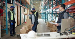 Logistics, team and shouting at employees, factory and angry for distribution delay or supply chain. Kicking, boxes and annoyed with shipment mistake, manager and woman with frustration in warehouse
