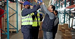 Teamwork, people and high five in warehouse with applause, logistics and distribution. Quality control, manager and collaboration in storage facility for delivery, export or shipping in supply chain
