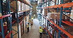 Logistics, cargo and above with people in warehouse for package distribution, shipping and inventory. Supply chain, collaboration and courier depot with employees in factory for ecommerce delivery