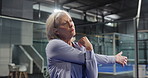 Athlete, woman and stretching for padel sport with game challenge, fitness competition or ready for tournament. Mature person, exercise and warm up for agility, cardio match and wellness in gym club