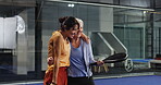 Fitness, tennis team and hug on court for match success, sportsmanship or tournament winner. Sport, women and happy with embrace at indoor club for padel game achievement, performance and well done