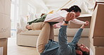 Airplane, playing and father with child in home with bonding, connection and family time. Happy, relax and dad holding girl kid on floor for fun together in living room with love, care or support.