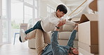 Airplane, playing and dad with kid in home with bonding, connection and family time. Happy, relax and father holding boy child on floor for fun together in living room with love, care or support.