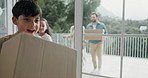 Children, parents and running with boxes in new home for moving in, real estate or explore house. Mortgage investment, excited family and front door of property for relocation, security and purchase