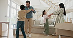 Happy, dance and parents with children in new home excited for moving, relocation and property. Family, house and music with mom, dad and kids together for fun, bonding and relationship for mortgage