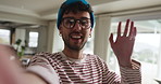 Face, man and live streaming with wave in home for living room tour, online update and broadcast. Influencer, person and happy with social media video for apartment vlog, property freedom and excited