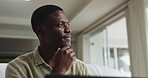 Black man, laptop and thinking in lounge with remote work from home, review and report for project management. Person, freelance writer and computer with reflection, decision or editing at apartment