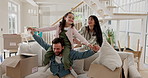 Family, fun or airplane game in living room with energy, fun and playing in new home. Smile, parents and child with relocation and flying on father shoulders with fantasy, support and relax for move