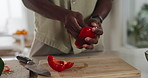 Cooking, hands and black man with pepper in kitchen for meal, dinner or food for health. Ingredients, vegetable and African male person with preparing supper or lunch for wellness diet in apartment.