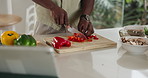 Cooking, tablet and hands of man with vegetables in kitchen for meal prep, healthy lunch and online recipe. Home, food and person with peppers, fresh ingredients and digital tech for dinner tutorial