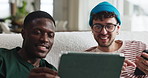 Men, friends and smile with tablet on sofa, talk and share post on web, relax and movie choice in home. People, tech and show notification for video, streaming or social media on couch at apartment