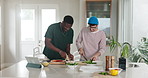 Cooking, men and friends with vegetables in kitchen for meal, dinner or food for health. Bonding, produce and male people with preparing supper or lunch with ingredients for wellness diet in home.