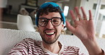 Happy man, face and wave with video call on sofa for online chat, communication or conversation. Portrait, male person or POV with smile or discussion for virtual talk, connection or network in home