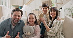 New home, face and parents with children on sofa excited for moving, relocation and property. Family, house and portrait of mom, dad and kids with keys for security, bonding and happy for mortgage