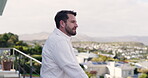Outdoor, balcony and man with view, thinking and fresh air on weekend, apartment and remember memory. Neighbourhood, scenery and mature person on break, home and reflection for future or thoughts