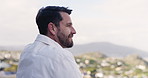 Outdoor, balcony and man with smile, thinking and fresh air on break, apartment and remember memory. Neighbourhood, space and mature person on weekend, home and happy for future, reflection or view
